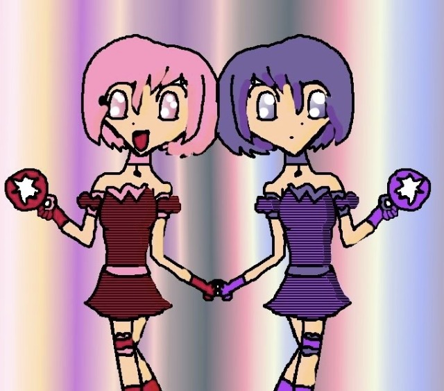 twin magical girls, one is pink and one is purple