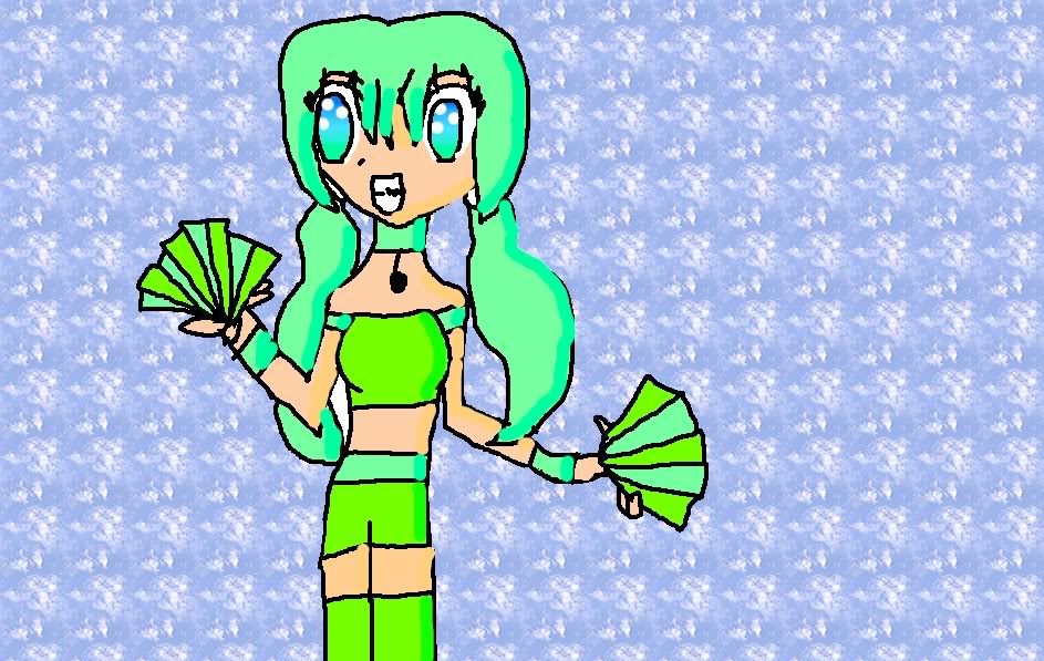 green magical girl with pigtails and a fan