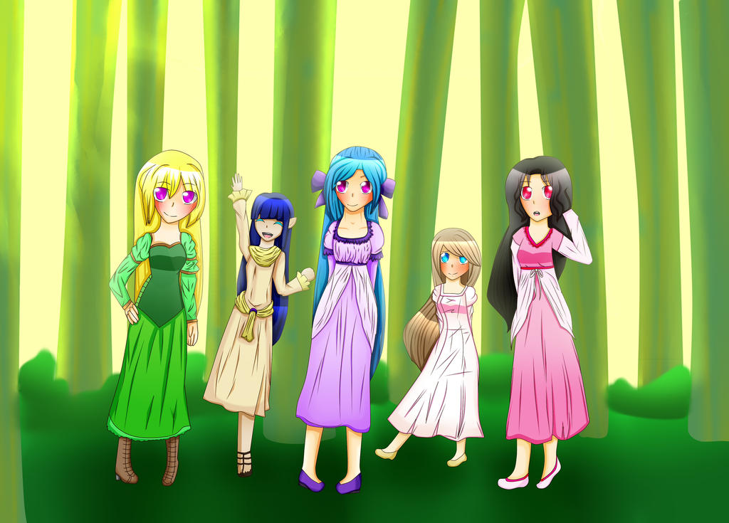 a group of girls in peasant dresses in the woods. they have colorful hair.