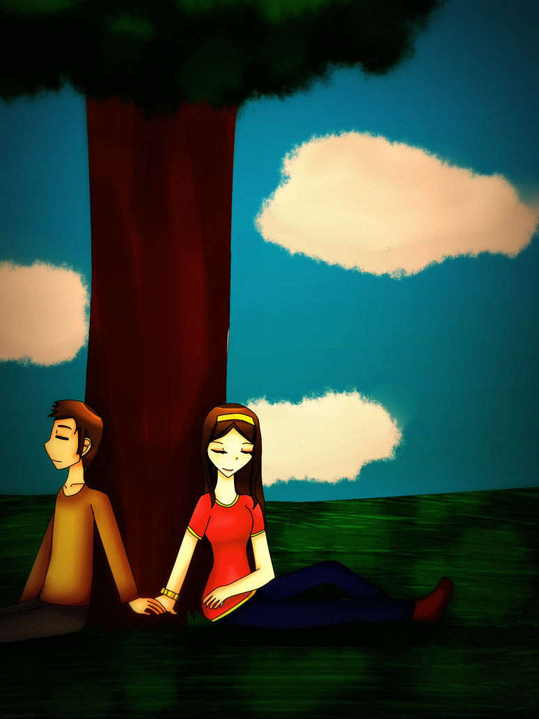 a man and woman laying under a tree, their hands touching. the drawing has a heavy vingette filter over it.
