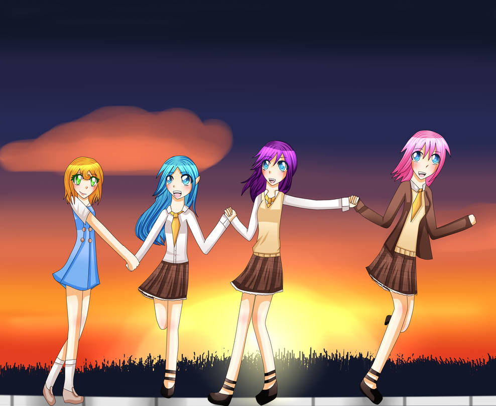 a group of four school girls running together, they are holding hands and have pointed ears.