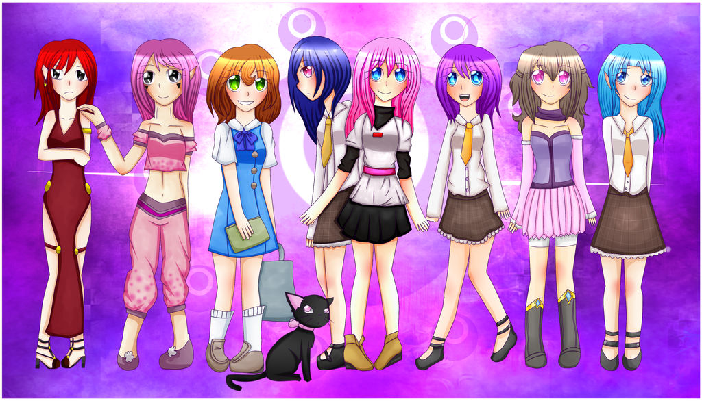 a group of 8 girls and a cat against a purple background.
