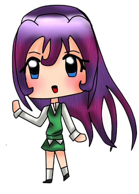 a chibi of a girl with purple hair in a school uniform.