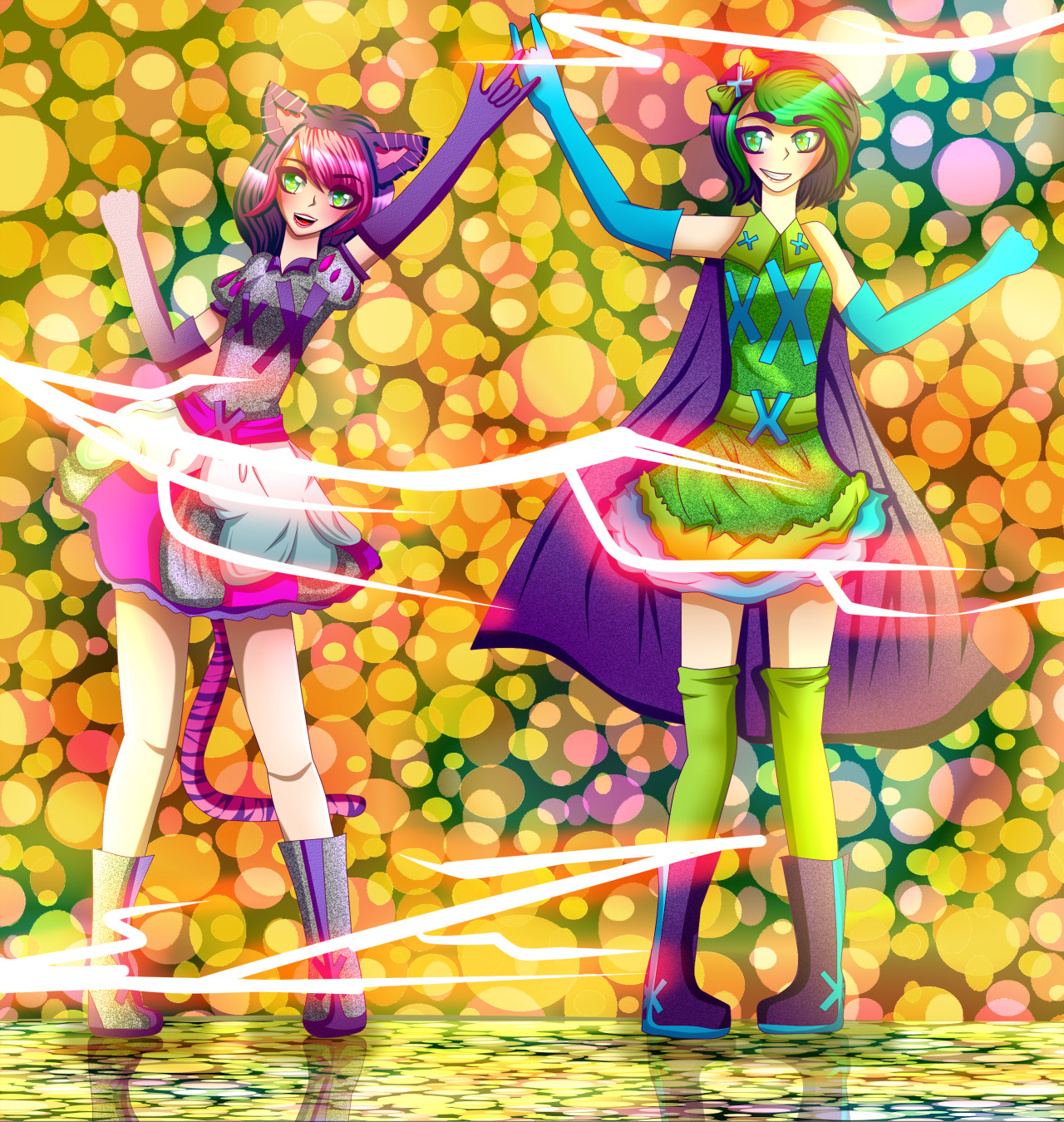 two magical girls, one with pink kitty ears and a pink and purple costume, the other with green and purple colors. there is lightning around them and the background is yellow circles. 