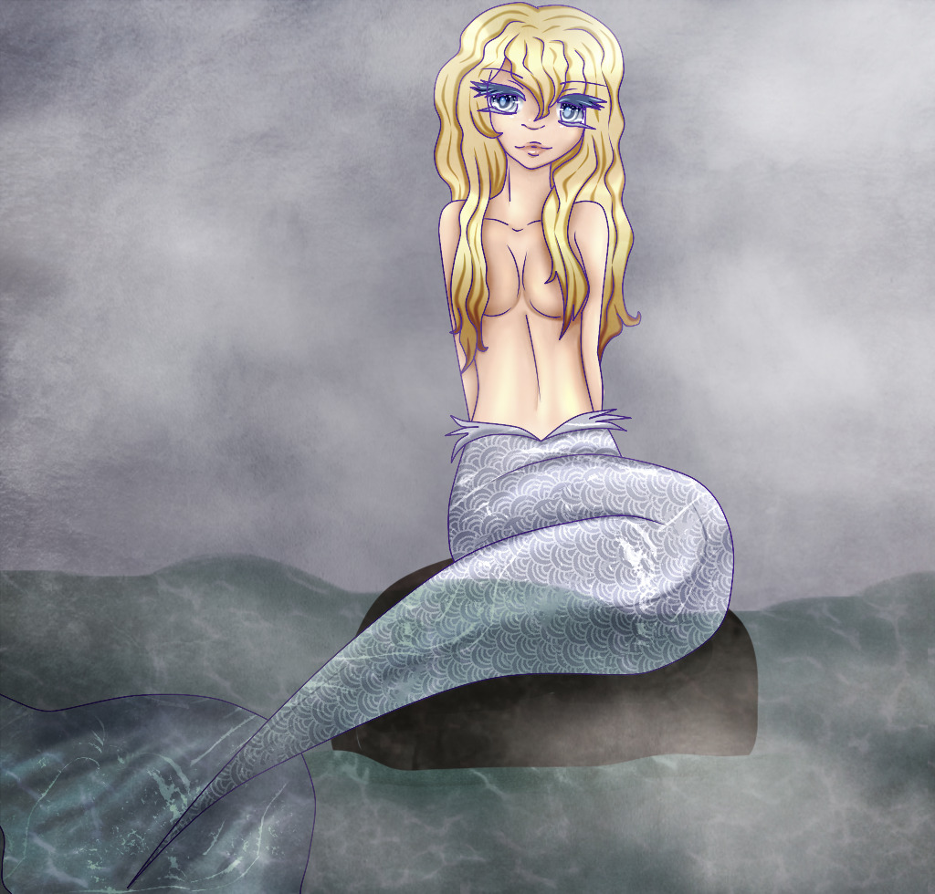 a mermaid with blonde hair and blue eyes, with a grey tail. she sits on a rock and the sky is grey.