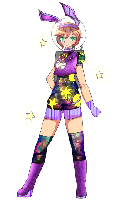 a bunny girl dressed with astronaut themes like stars and galaxy prints.