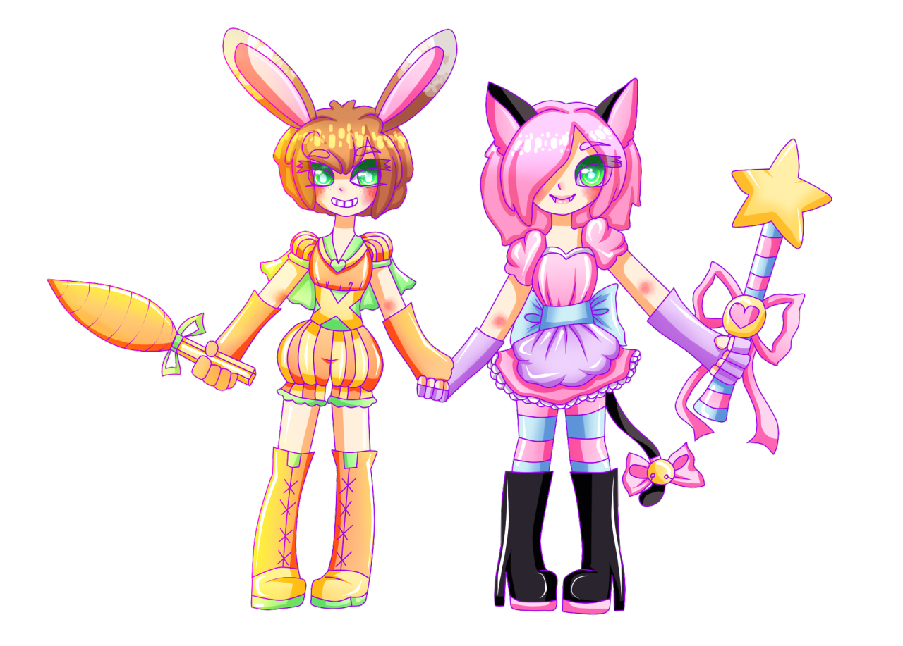 a bunny and kitty themed magical girls holding hands. the bunny is orange and green themed, the kitty is purple and pink themed. they have a carrot and star wand respectively.