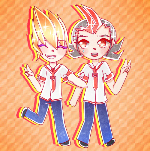 chibis of yuma and shingestsu from yugioh zexal. they are linked at the elbow.