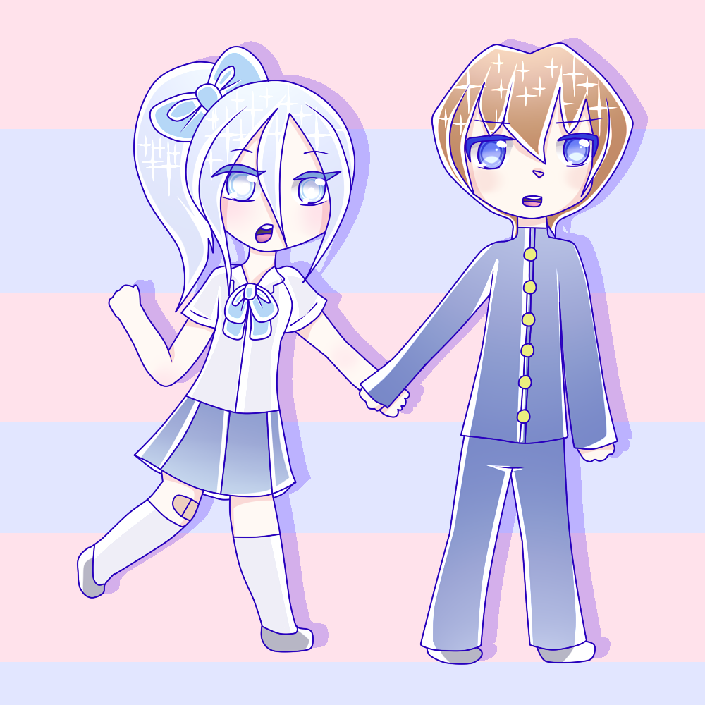 kisara and seto kaiba from yugioh as chibis, in school uniforms together.