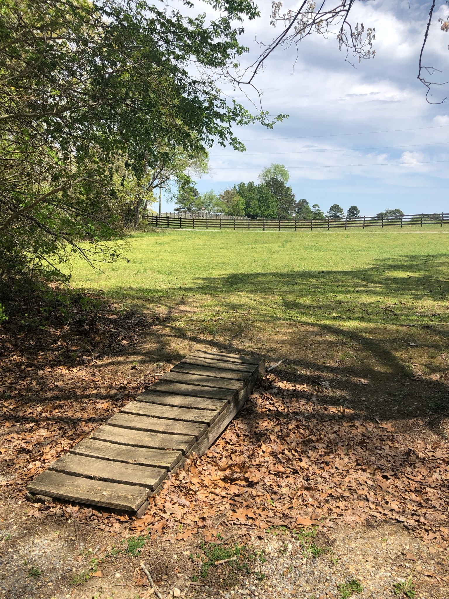 a walkway with a small wooden bridge